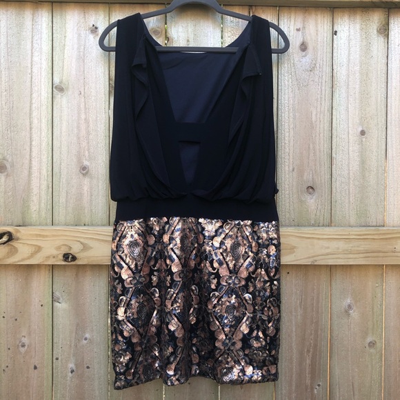 Betsy & Adam Blouson Mini Dress Size 8 Sequin Skirt Black Copper Sleeveless - Picture 5 of 12